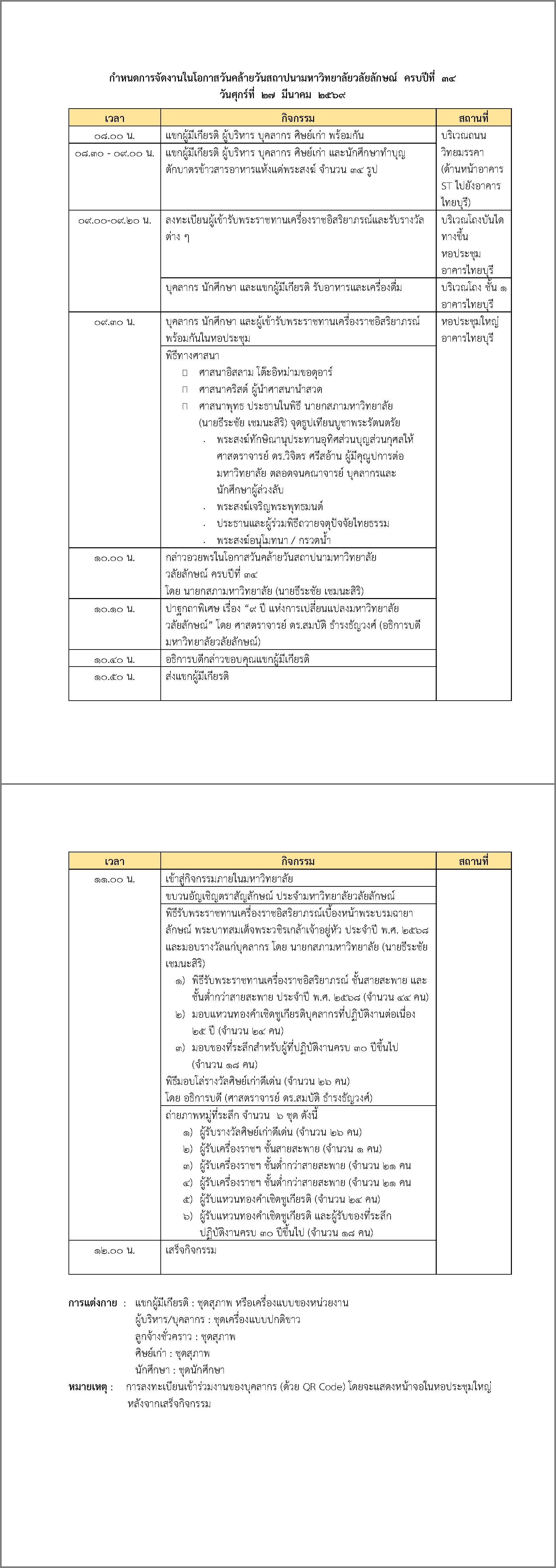 กำหนดการงานสถาปนามวล.ครบปีที่ 34 
